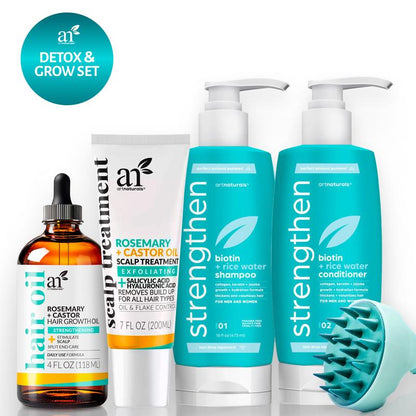 Artnaturals Scalp Detox & Grow Set - Rice Water Shampoo + Conditioner, Rosemary + Castor Hair Oil W/ Scalp Scrubber, Rosemary + Castor Scalp Treatment with Hyaluronic Acid