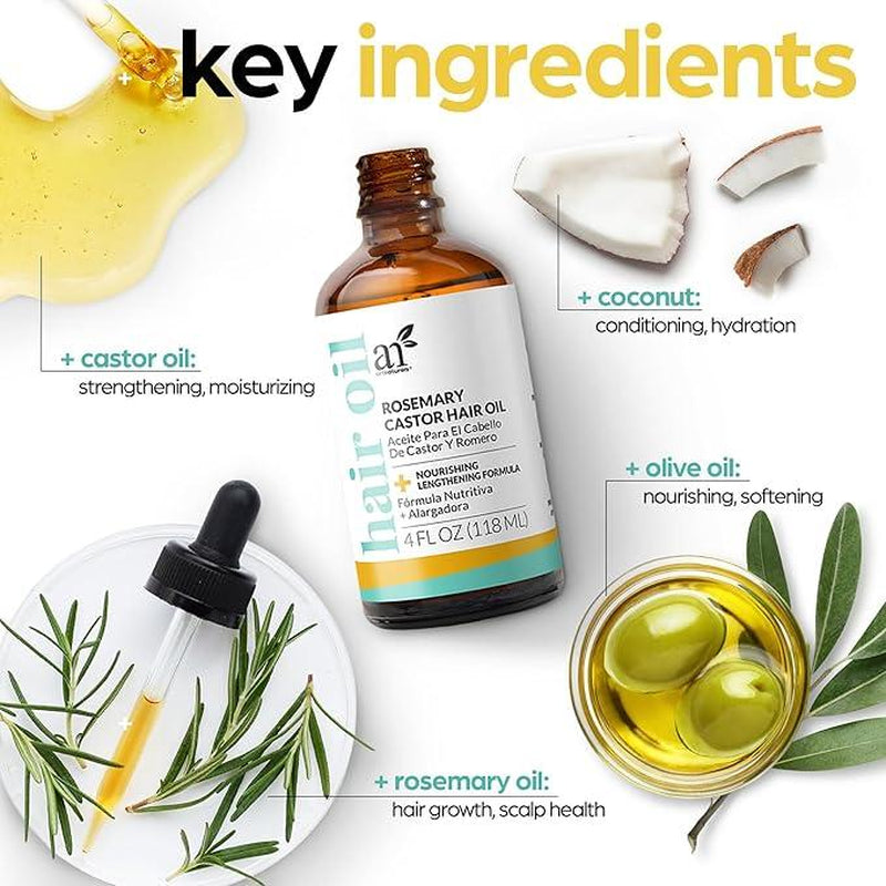 Artnaturals Scalp Detox & Grow Set - Rice Water Shampoo + Conditioner, Rosemary + Castor Hair Oil W/ Scalp Scrubber, Rosemary + Castor Scalp Treatment with Hyaluronic Acid