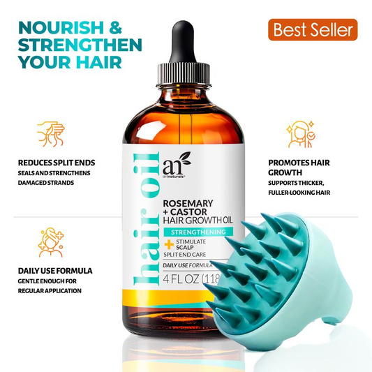 Artnaturals Organic Rosemary Castor Oil Hair Growth Kit with Comfort Scalp Brush